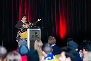 MBA students from across Canada listen to an opening blessing by a First Nations Elder.   Event photo by Jeffrey Meyer.