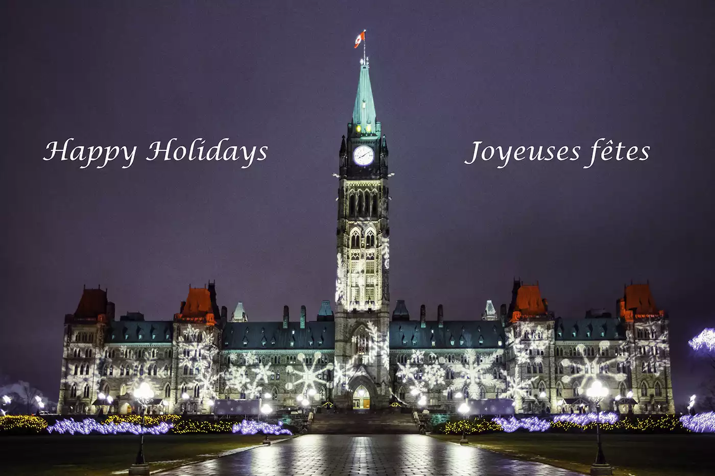 Parliament Hill with festive lights — Makes for a perfect Holiday Card. 